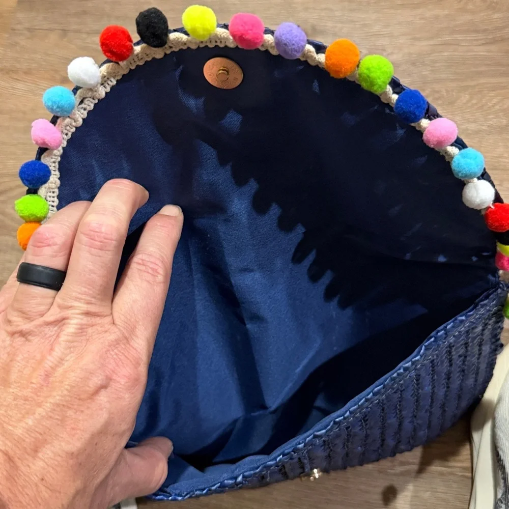 Straw Pom-Pom Navy Clutch - Picture 4 of 4